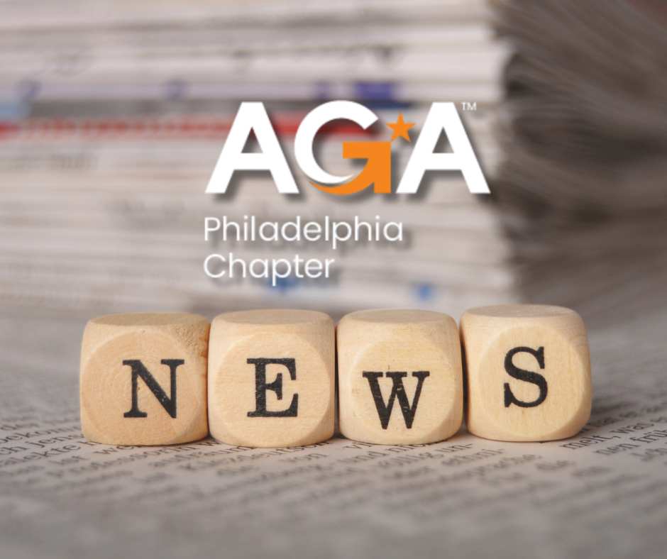 A few letter blocks spelling out the word, "news", with the AGA Philadelphia Chapter Logo